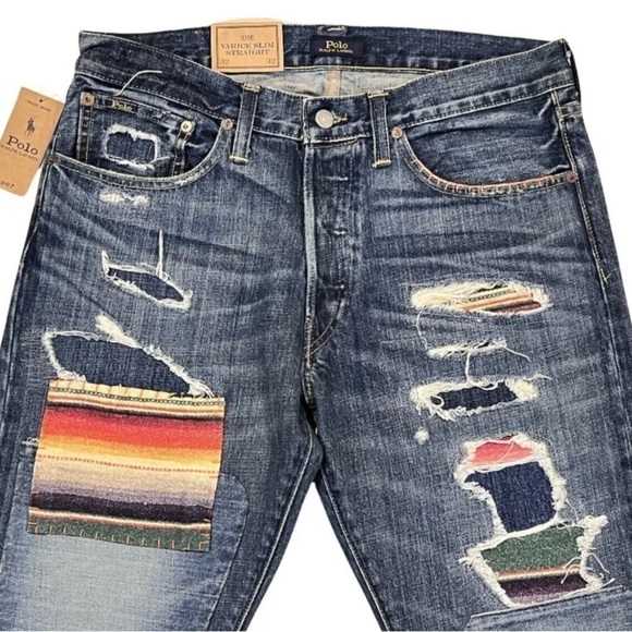 Polo Ralph Lauren Varick Slim Straight Serape Patch Distressed Denim Pants 34 30 - Picture 7 of 10